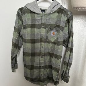 Carhartt Men's Olive and Gray Plaid Hooded Shirt